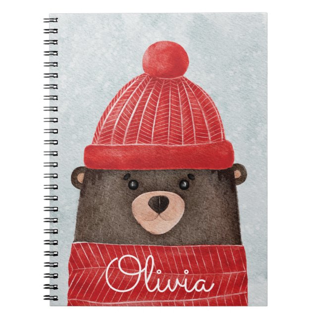 Caderno Espiral Urso de inverno com aquarela. Floresta de Natal (Frente)