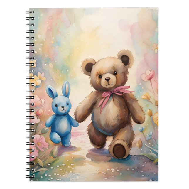 Caderno Espiral Urso de pelúcia e coelho num jardim de pastel (Frente)
