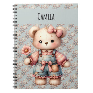 Caderno Espiral Urso de Pelúcia Pastel Segurando Flor Vestindo Mac