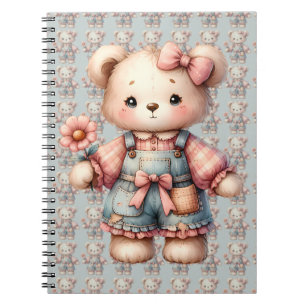 Caderno Espiral Urso de Pelúcia Pastel Segurando Flor Vestindo Mac