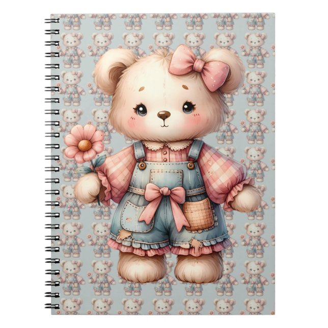 Caderno Espiral Urso de Pelúcia Pastel Segurando Flor Vestindo Mac (Frente)