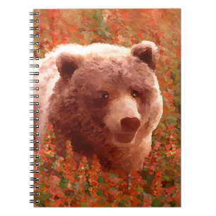 Caderno Espiral Urso Grizzly na Pintura de Arte Selvagem com Algas