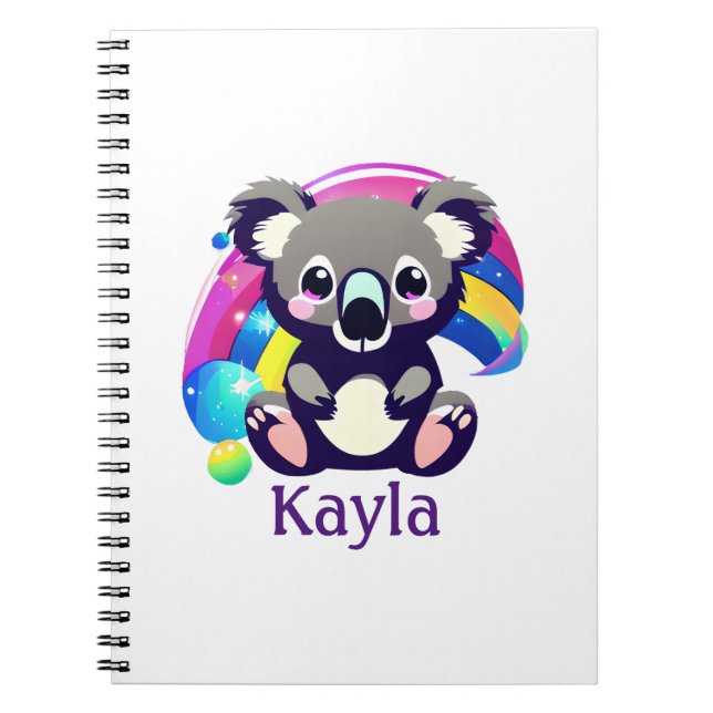 Caderno Espiral Urso Koala Personalizado e Arco-íris (Frente)