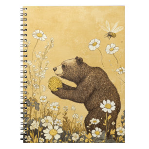 Caderno Espiral Urso Mel em Prado de Flores Silvestres
