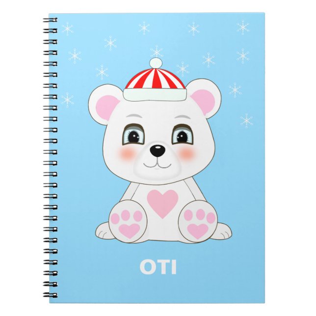 Caderno Espiral Urso Polar Fofo & Flocos de Neve em Azul Columbia (Frente)