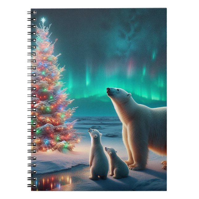 Caderno Espiral Urso Polar Mãe Cubs Árvore De Natal Aurora Boreali (Frente)