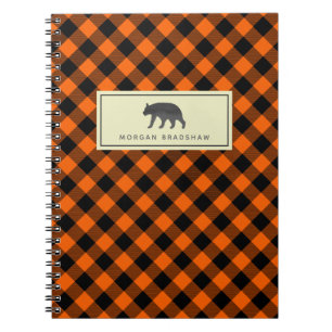 Caderno Espiral Urso preto queimado da xadrez alaranjada do búfal