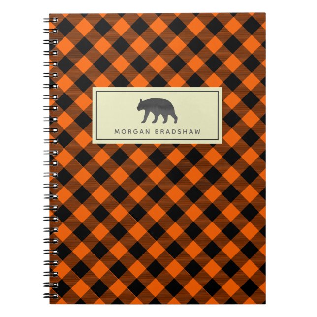 Caderno Espiral Urso preto queimado da xadrez alaranjada do búfalo (Frente)
