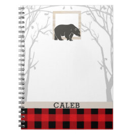 Caderno Espiral Urso Rústico e Xadrez Vermelho de Plaid Country Wo