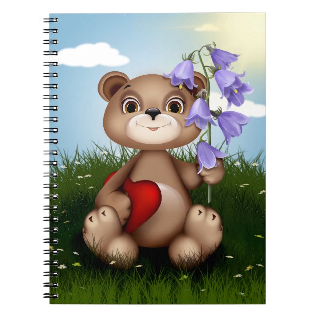 Caderno Espiral Urso Segurando Buquê Flor-30926 (Frente)