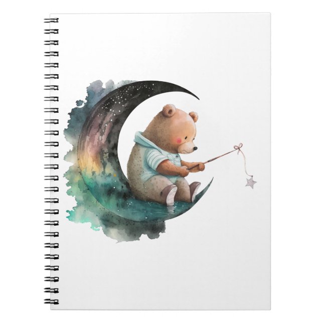 Caderno Espiral Urso Teddy Fofo na Lua, Urso de Pelúcia de Desenho (Frente)