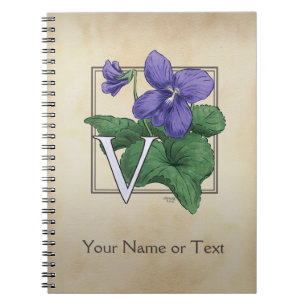 Caderno Espiral V para o monograma violeta do alfabeto da flor