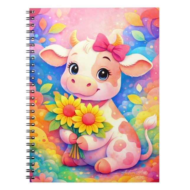 Caderno Espiral Vaca Bebê Pastel Fofa com Girassóis (Frente)