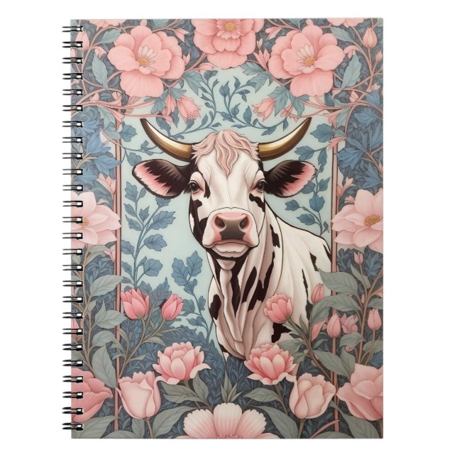 Caderno Espiral Vaca branca com fundo plano rosa (Frente)