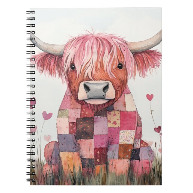 Caderno Espiral Vaca das Terras Altas em Patchwork no Dia dos Namo (Frente)