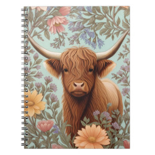 Caderno Espiral Vaca das Terras Altas Pastel Floral Inspirada em W