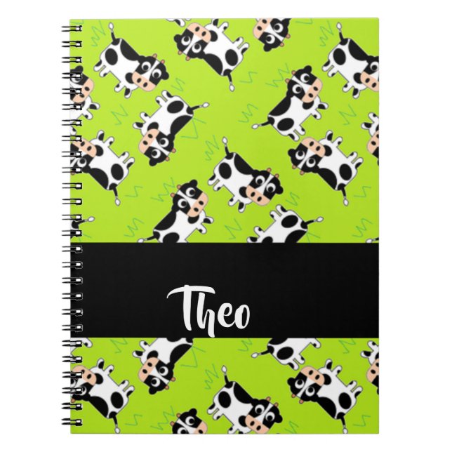 Caderno Espiral Vaca de nome personalizado em verde (Frente)