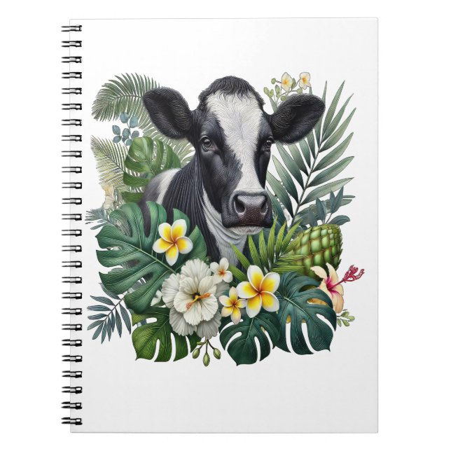 Caderno Espiral Vaca em Floral Jungle Png, Vaca Tropical (Frente)