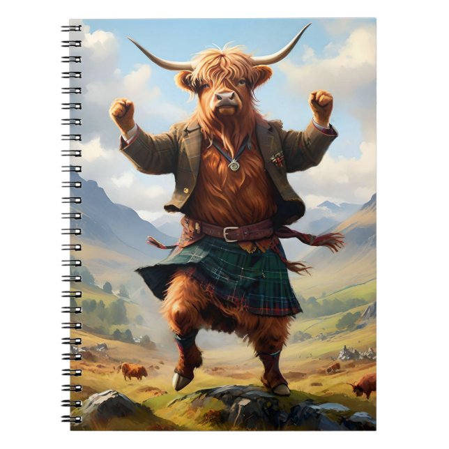 Caderno Espiral Vaca Highland Dançando A Mosca Highland, (Frente)