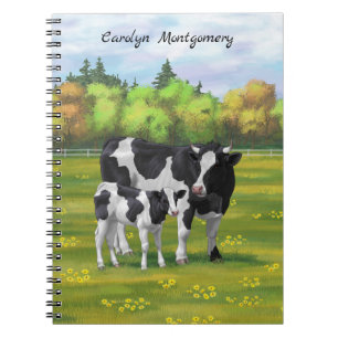 Caderno Espiral Vaca Holstein e Vitelo Fresco na Pastagem de Verão