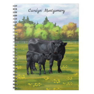 Caderno Espiral Vaca Negra e Vitelo Fresco na Pastagem de Verão