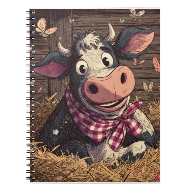 Caderno Espiral Vaca Whimsical com Borboletas Ilustração (Frente)
