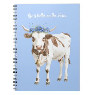 Caderno Espiral Vacas Flores Azuis