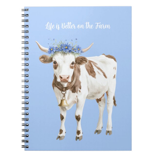 Caderno Espiral Vacas Flores Azuis (Frente)