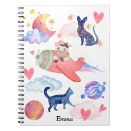 Caderno Espiral Vacas Fofas Personalizadas Gatos Espaciais Lua Cap