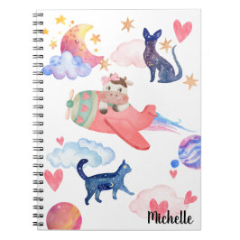 Caderno Espiral Vacas Fofas Personalizadas Gatos Espaciais Lua Cap