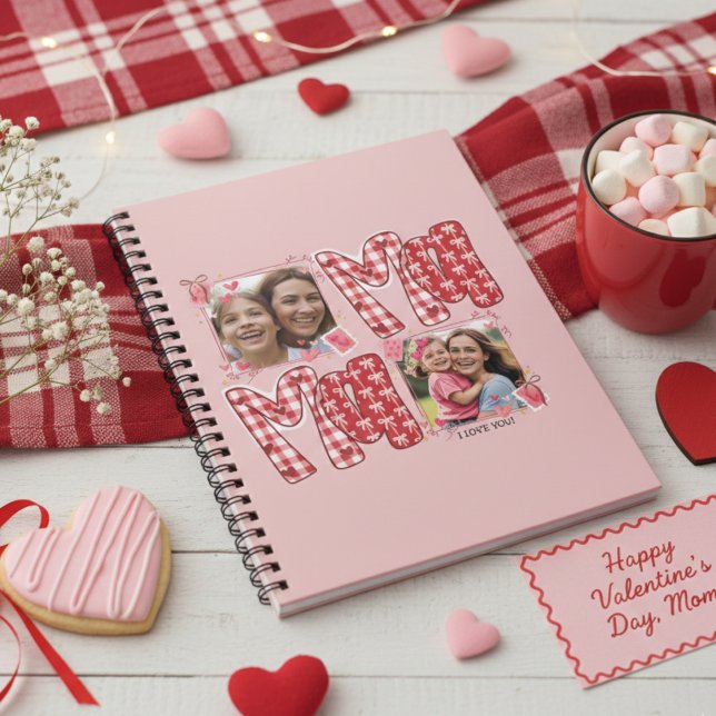 Caderno Espiral Valentine Mom and Child Pink Red Plaid Hearts (Criador carregado)