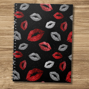 Caderno Espiral Valentines Vermelho Prateado Brilho nos Lábios sob