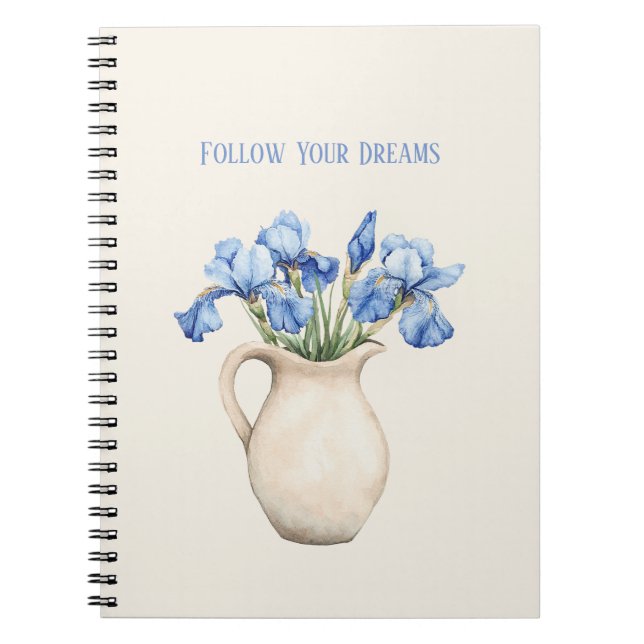 Caderno Espiral Vaso Creme Flores Íris Roxa   (Frente)