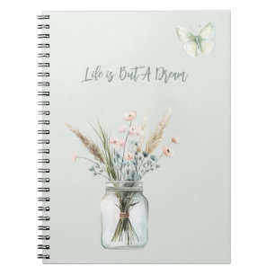 Caderno Espiral Vaso de Flores Azuis Rosadas Borboleta