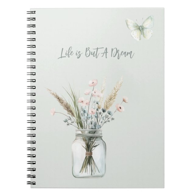 Caderno Espiral Vaso de Flores Azuis Rosadas Borboleta  (Frente)