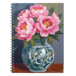 Caderno Espiral Vaso de Peônia | Peônias de Flores Rosa Aquarela