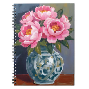 Caderno Espiral Vaso de Peônia Peônias de Flores Rosa Aquarela