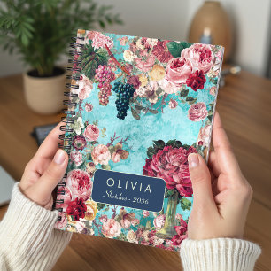 Caderno Espiral Vaso de Rosas Azul Vintage Shabby Chic