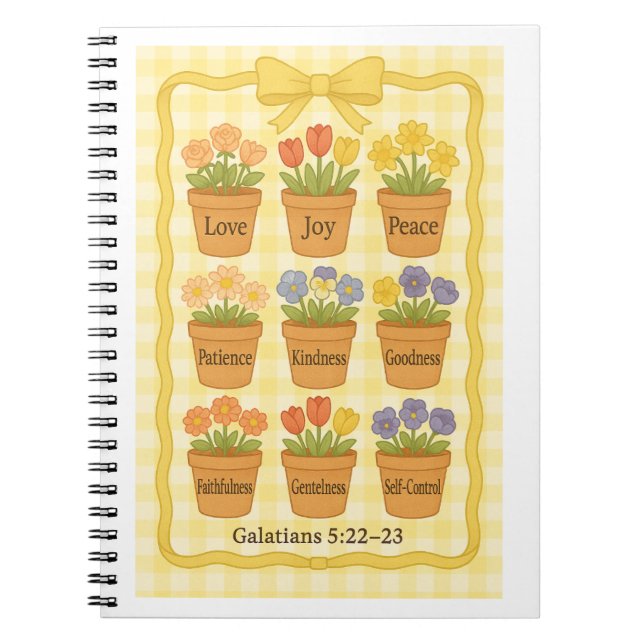 Caderno Espiral Vasos de flores amarelos do Fruto do Espírito (Frente)
