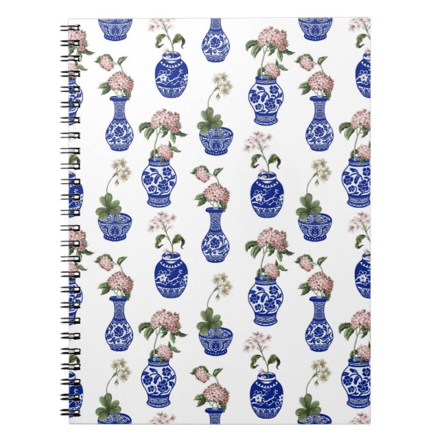Caderno Espiral Vasos e flores azuis de Chinoiserie (Frente)
