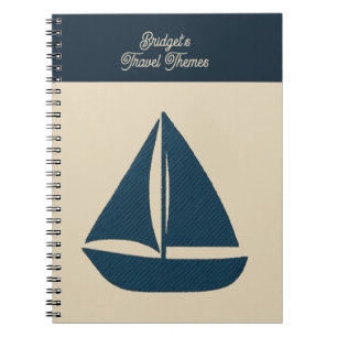 Caderno Espiral velero azul marinho com nome Bege viagem costeira