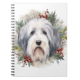 Caderno Espiral Velha Inglês Sheepdog Christmas Wreath Festivo Pup