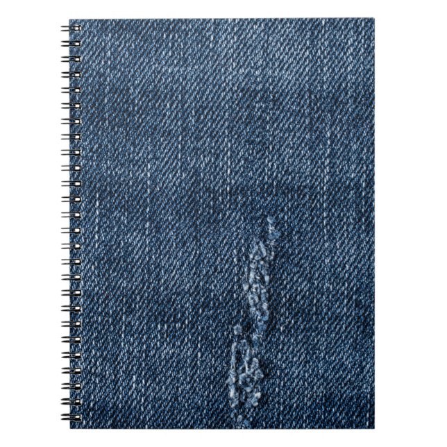 Caderno Espiral Velho denim rasgado: textura jeans. (Frente)