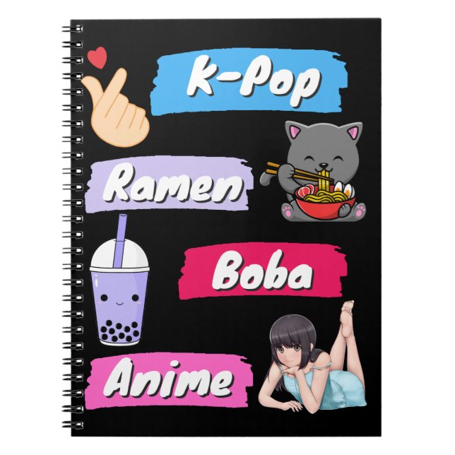 Caderno Espiral Ventilador da cultura de Pop, Pop, Ramen, Boba e A (Frente)