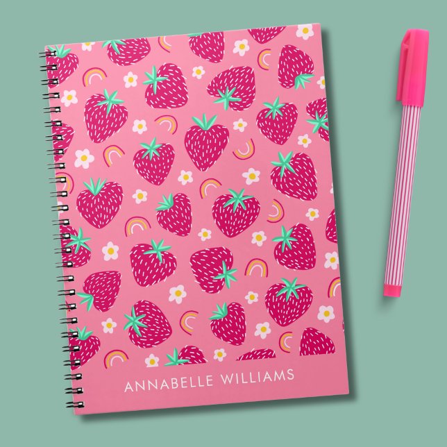 Caderno Espiral Verão morango arco-íris e margarida (Summer strawberry rainbow and daisy personalized notebook)