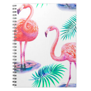 Caderno Espiral Verão tropical com folhas de palma de flamingos e 