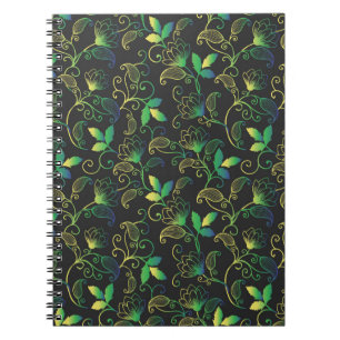 Caderno Espiral Verde, Azul e Floral Amarela em Fundo Preto
