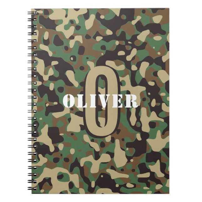 Caderno Espiral Verde Castanho Beige Camo Camouflage Nome do Monog (Frente)