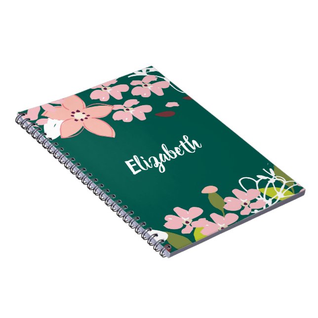 Caderno Espiral Verde com Flores Rosa Personalizadas (Lado Direito)