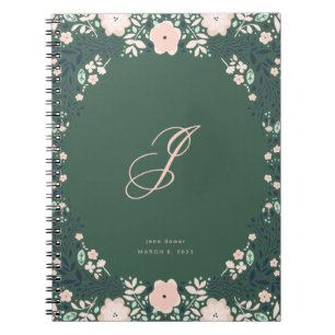 Caderno Espiral Verde Esmeralda Monograma Floral Macio Personaliza